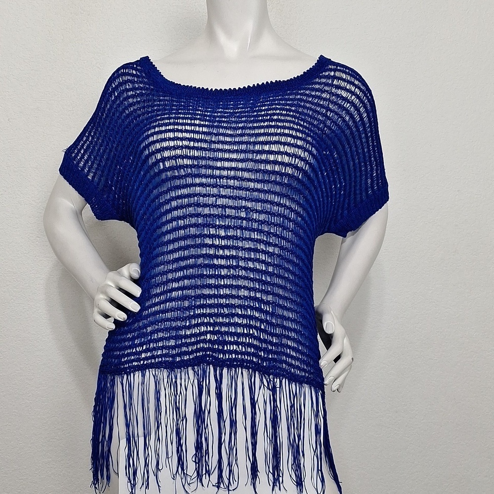 Etc. Sapphire Blue Bohemian Long Fringe Western Sheer Open Knit Sweater Size L